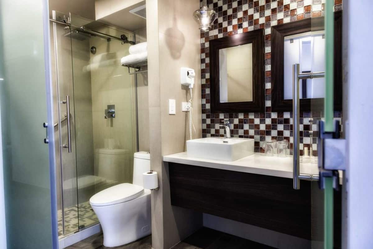 combined shower/bathtub, rainfall showerhead, hair dryer, towels