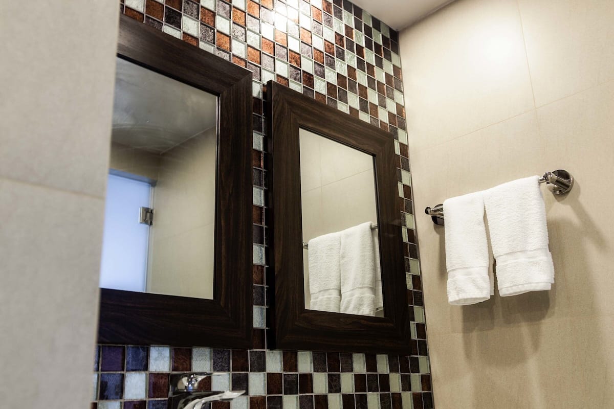 combined shower/bathtub, rainfall showerhead, hair dryer, towels