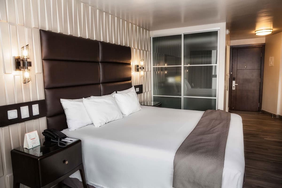 A hotel room with a large bed, a bedside table with a phone, a wall-mounted light, and a door with a window.