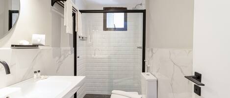 A modern bathroom with a large sink, toilet, and shower area.