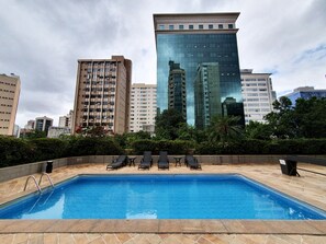 Outdoor pool, pool umbrellas, pool loungers