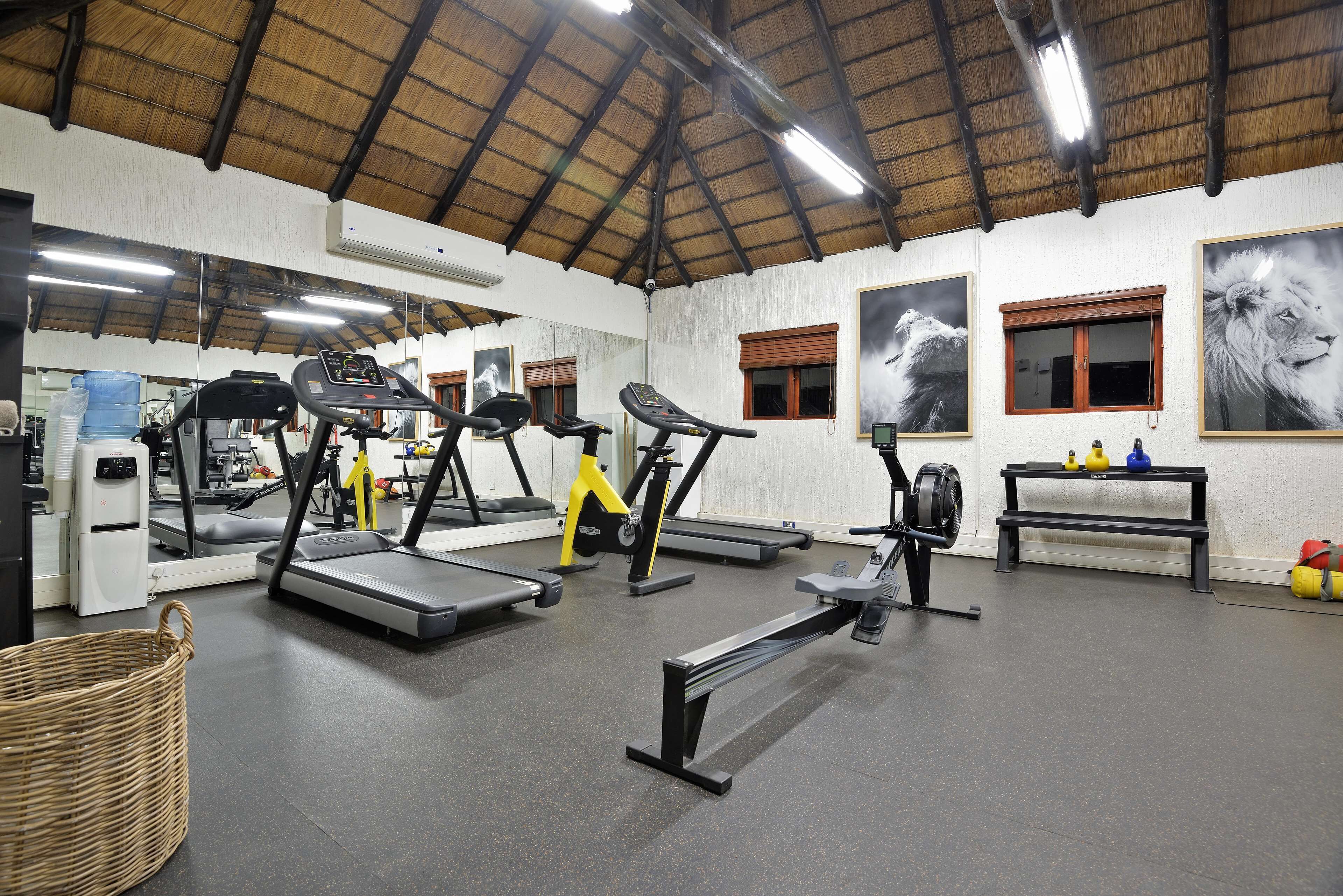 A gym with treadmills, weight machines, and a mirrored wall.