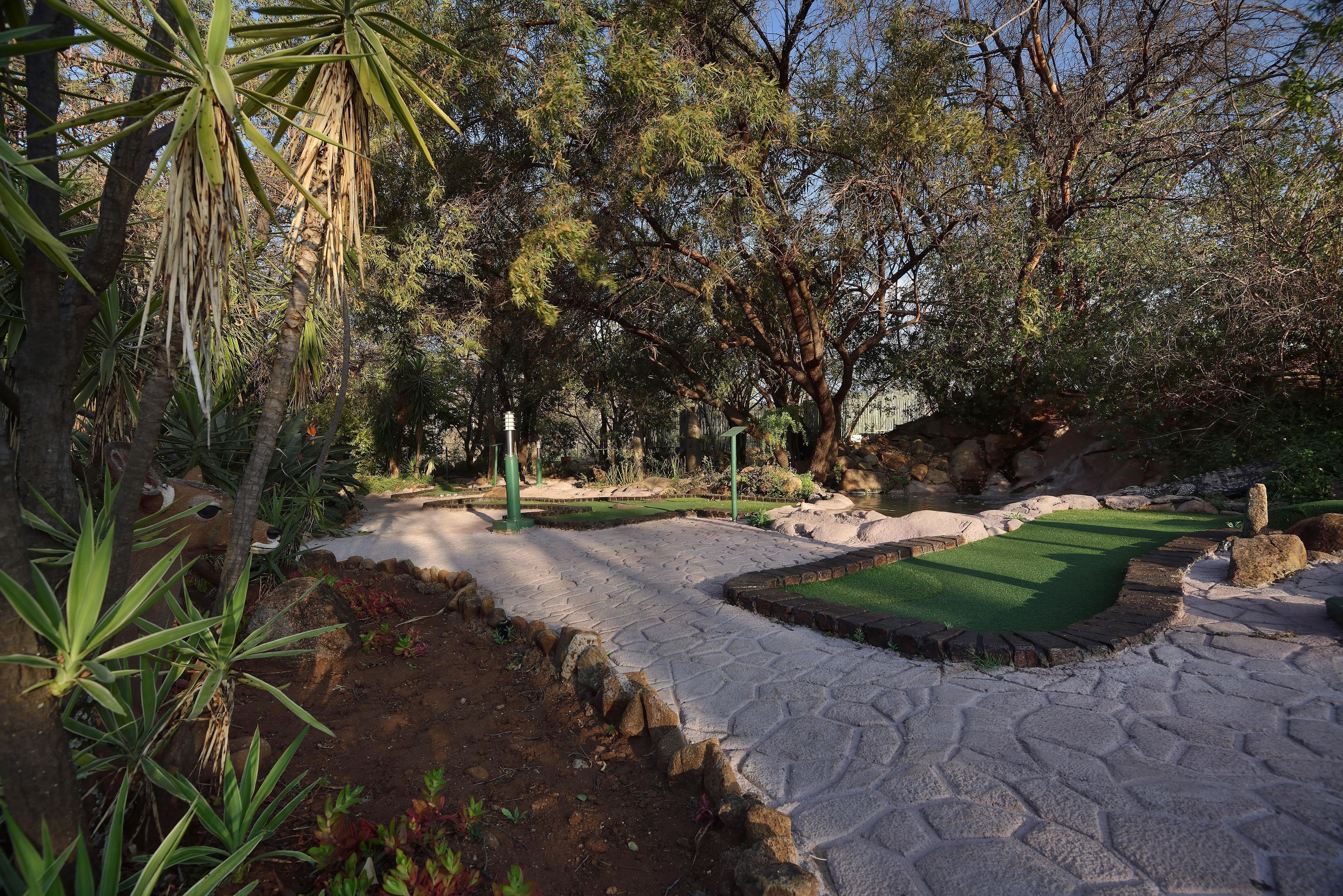 A golf course with a putting green, sand traps, and surrounding trees.
