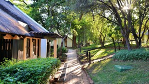 A pathway leading to a building with a thatched roof, surrounded by lush greenery and trees.