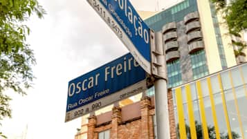 Street signs for Rua Oscar Freire and Avenida da Consolação.