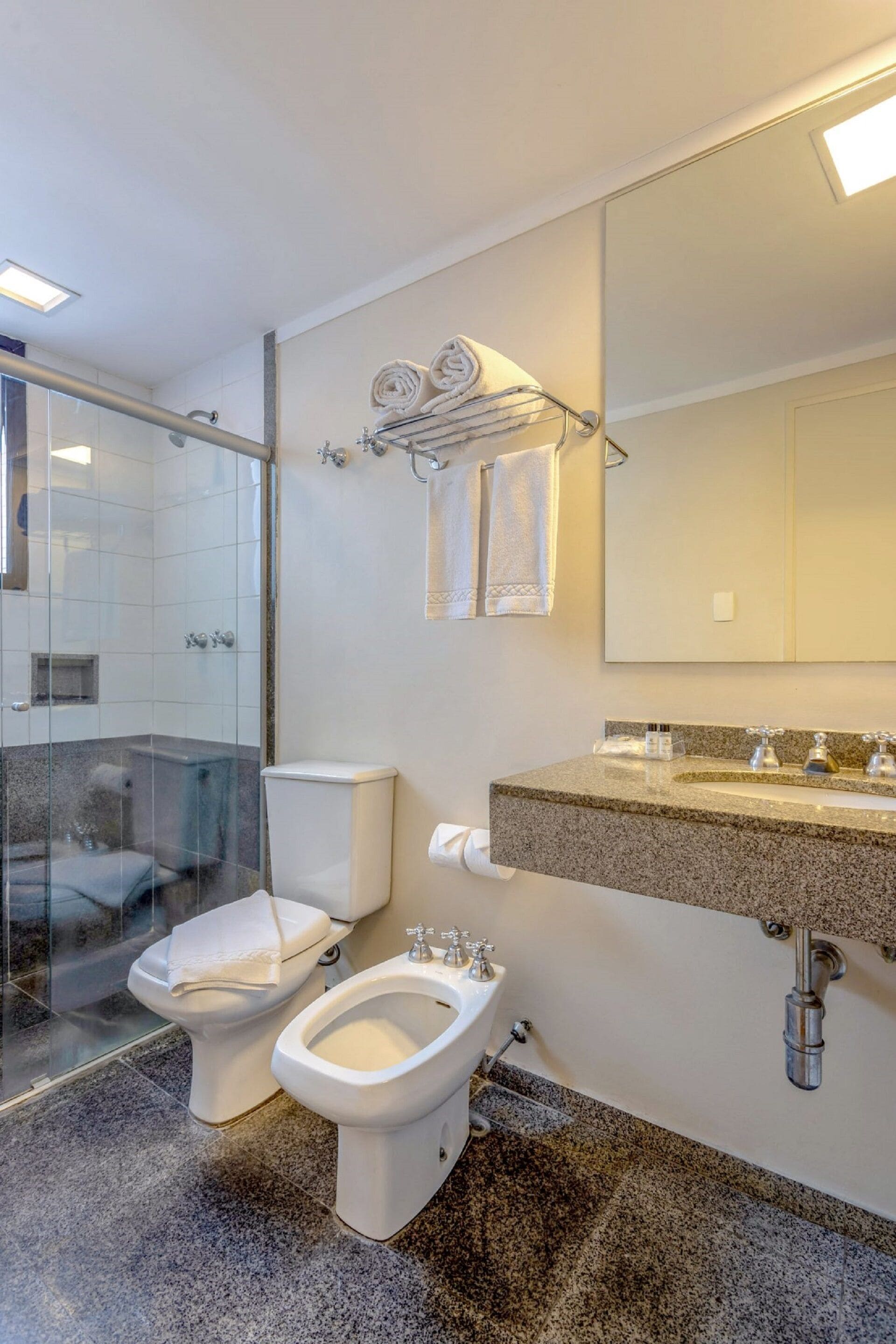 shower, hair dryer, bidet, towels