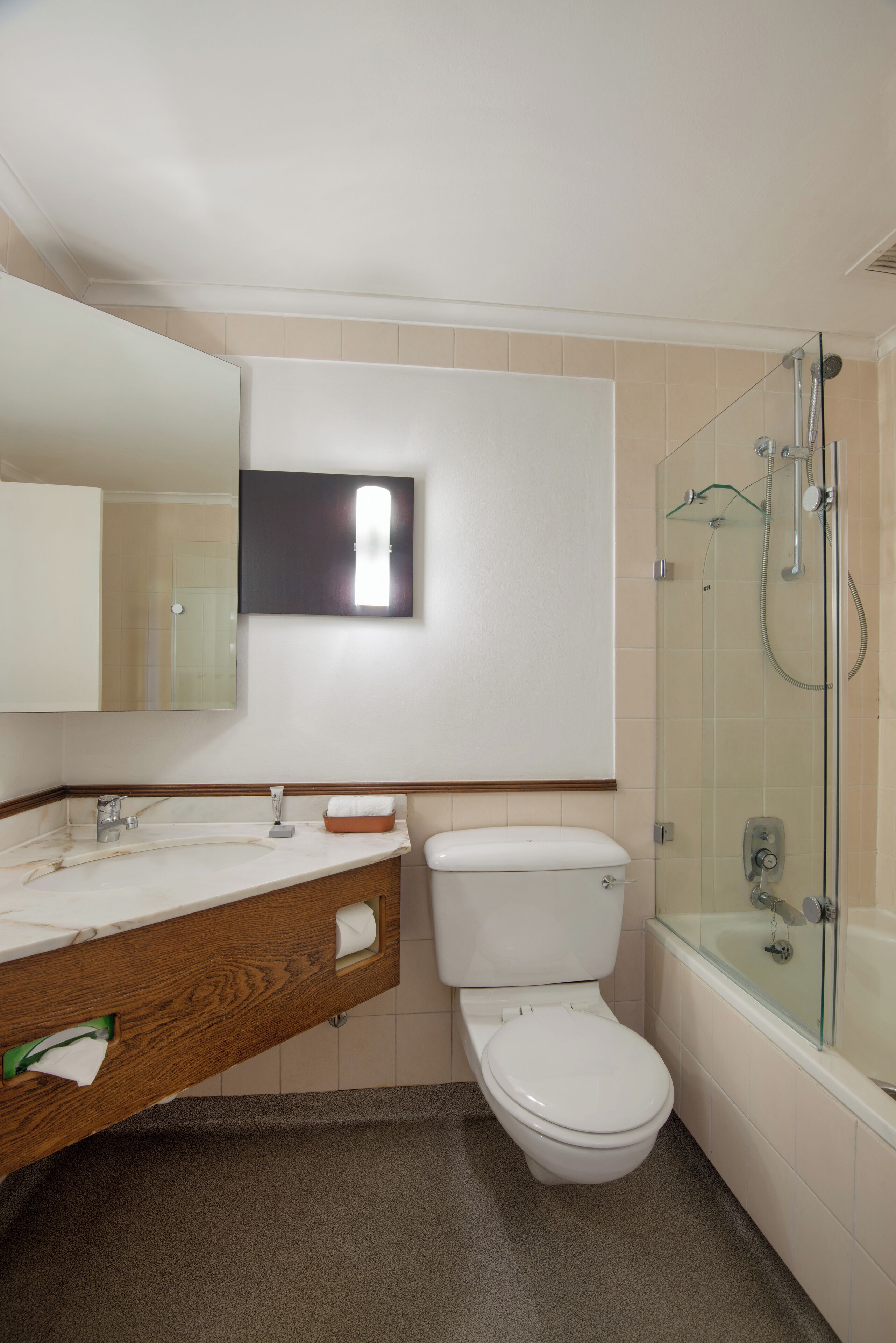 Un baño moderno con inodoro, lavabo y ducha con mampara de vidrio.