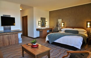 Una habitación de hotel con cama, escritorio, televisión y baño.