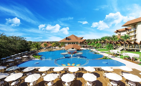 Indoor pool, outdoor pool, pool umbrellas, sun loungers