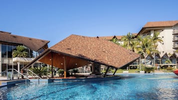 Indoor pool, outdoor pool, pool umbrellas, pool loungers