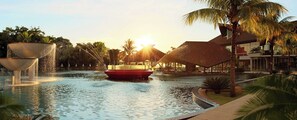 Indoor pool, outdoor pool, pool umbrellas, sun loungers