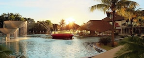 Indoor pool, outdoor pool, pool umbrellas, sun loungers