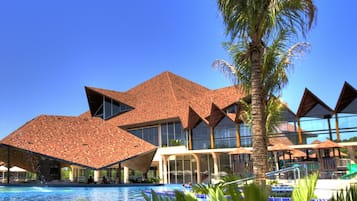 Indoor pool, outdoor pool, pool umbrellas, sun loungers