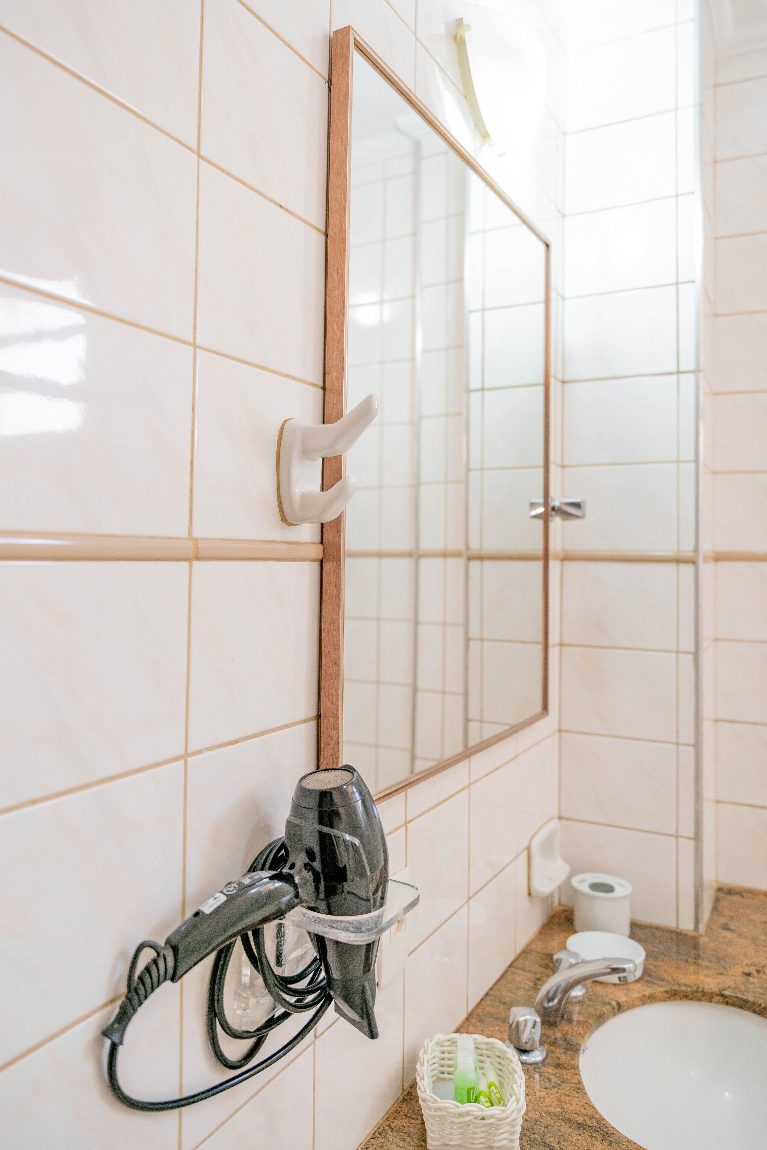 A bathroom with a large mirror, a hairdryer, a sink, and a toilet paper holder.