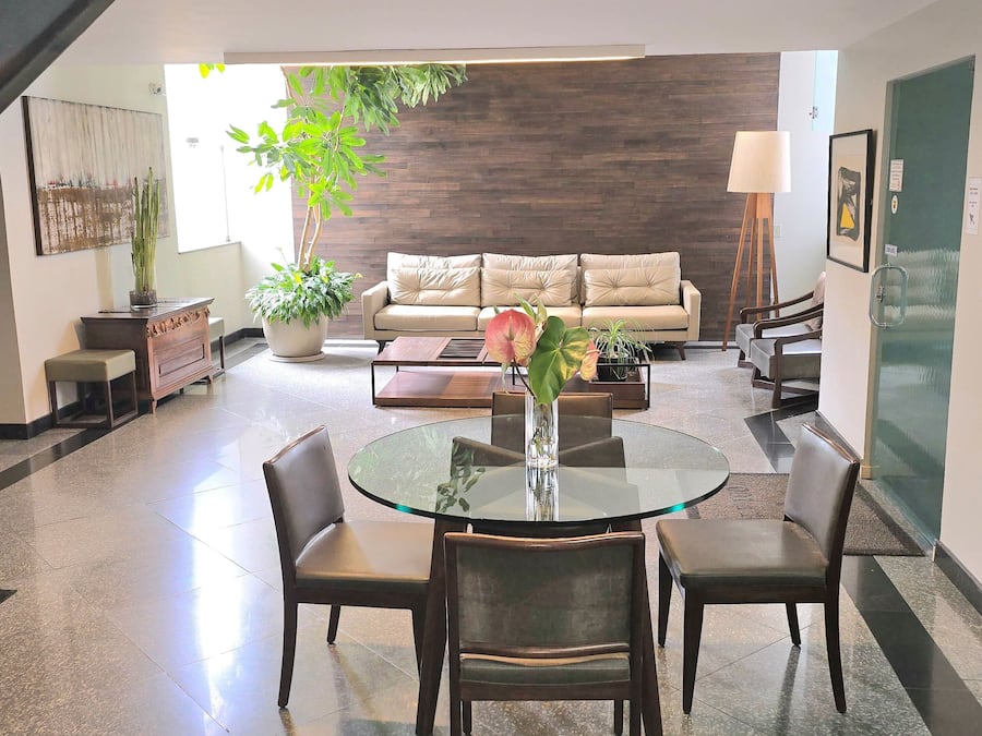 A modern living room with a glass dining table, leather sofas, and a large potted plant.