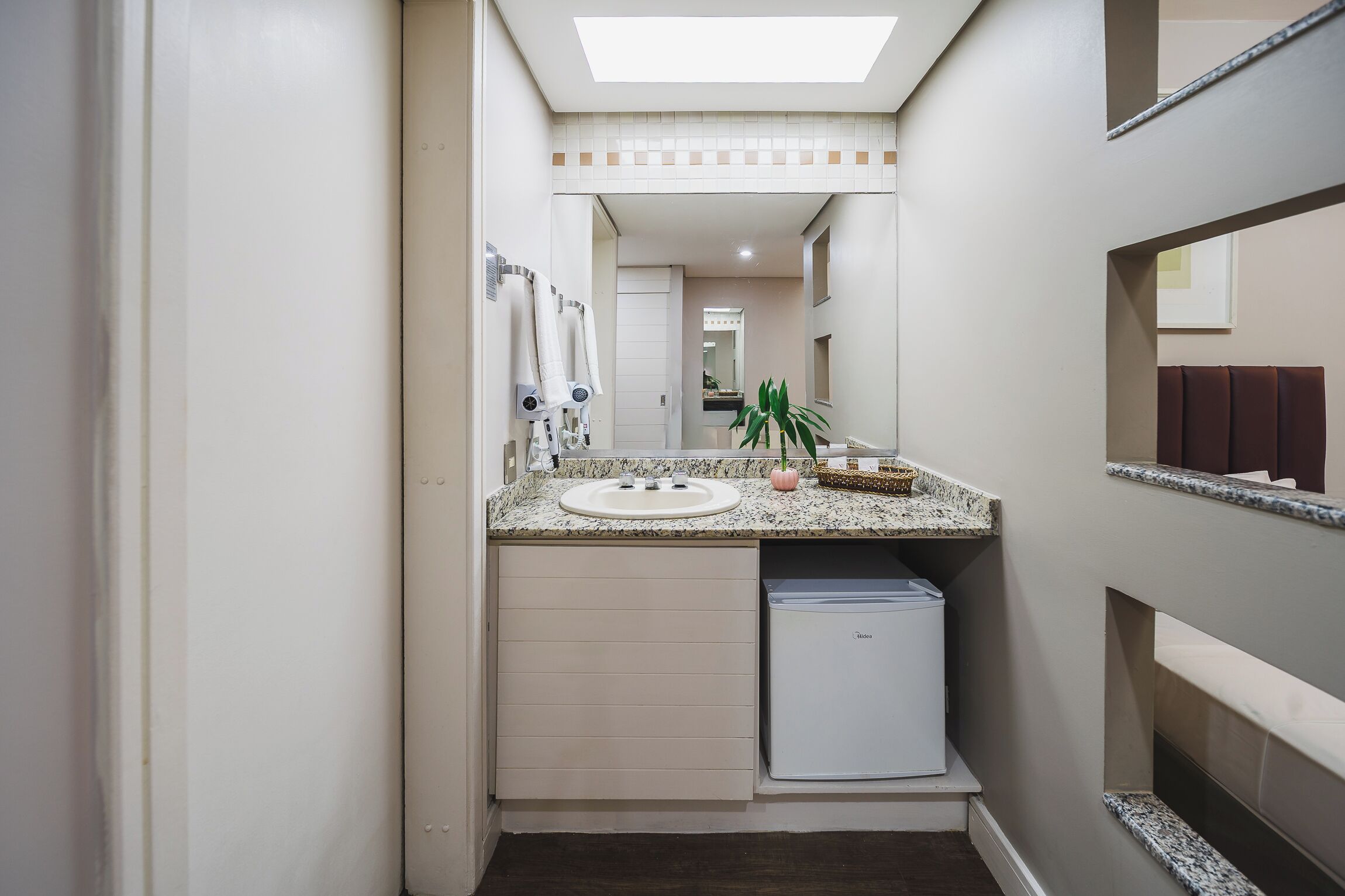A narrow bathroom with a white sink, a mirror, and a small plant.