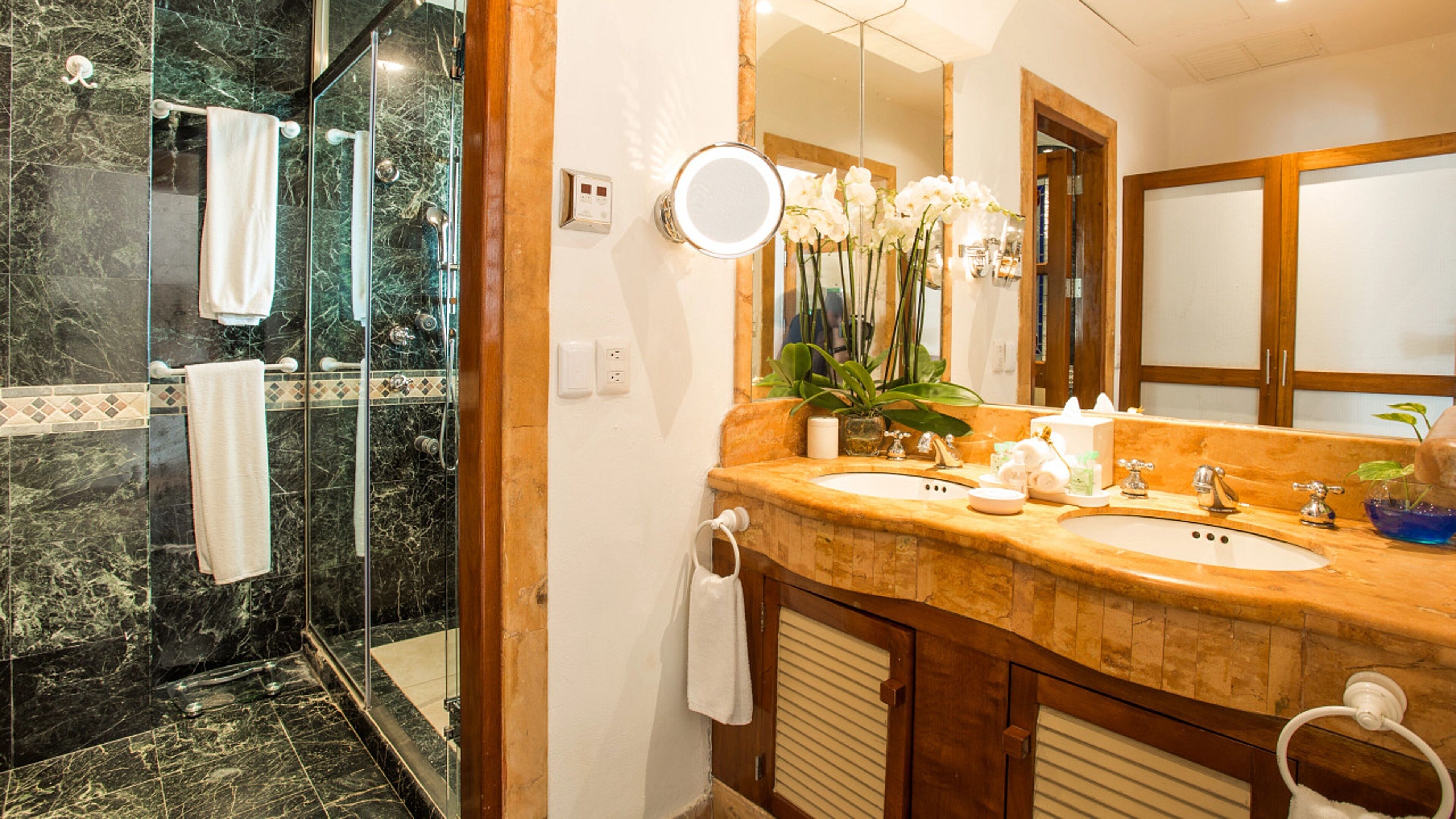 shower, hair dryer, dressing gowns, slippers