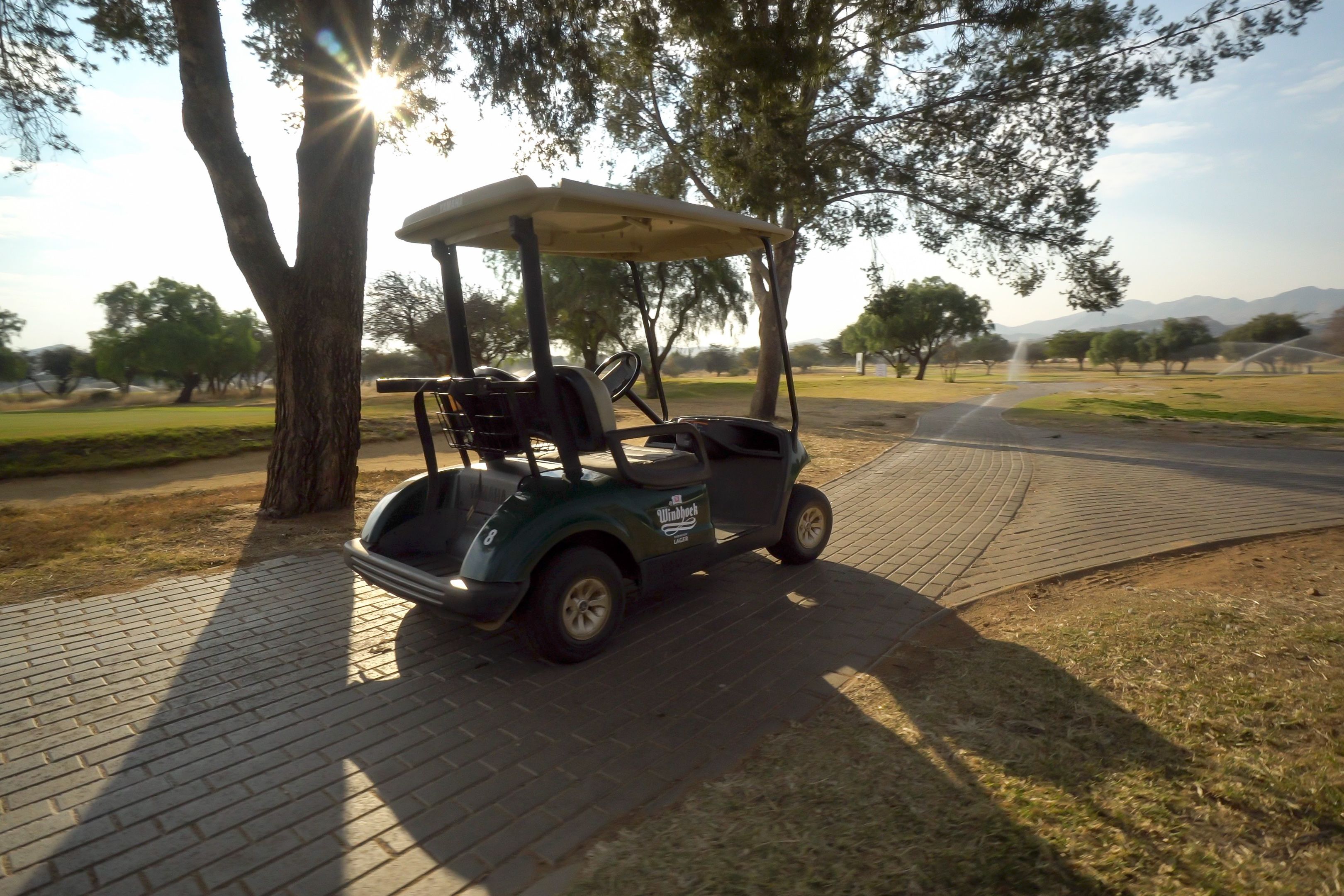 A golf cart parked on a paved path in a park.