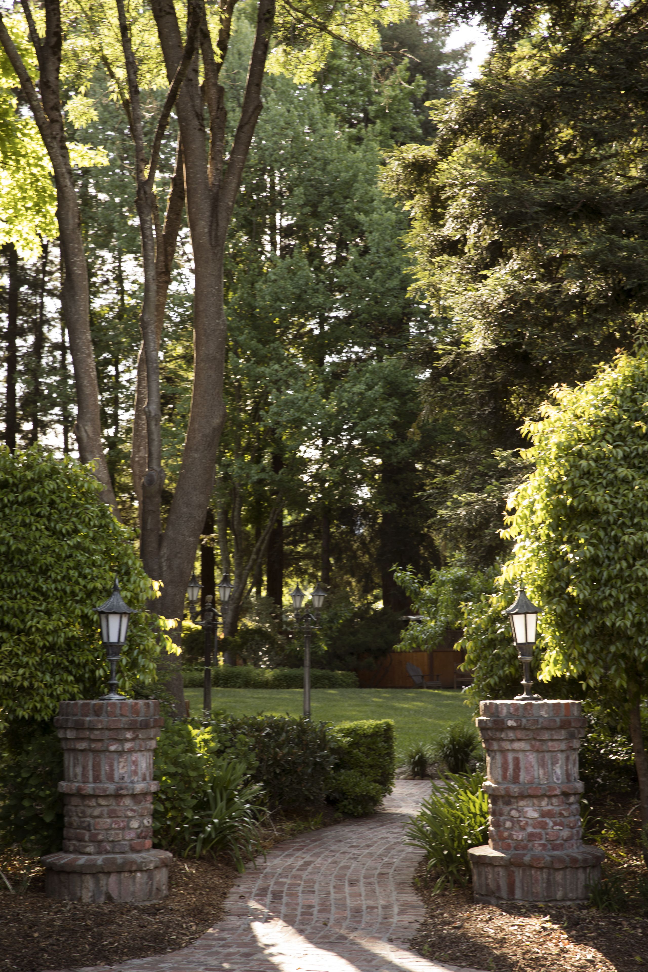 A brick pathway leading through a garden with trees and a brick pillar with a light fixture.