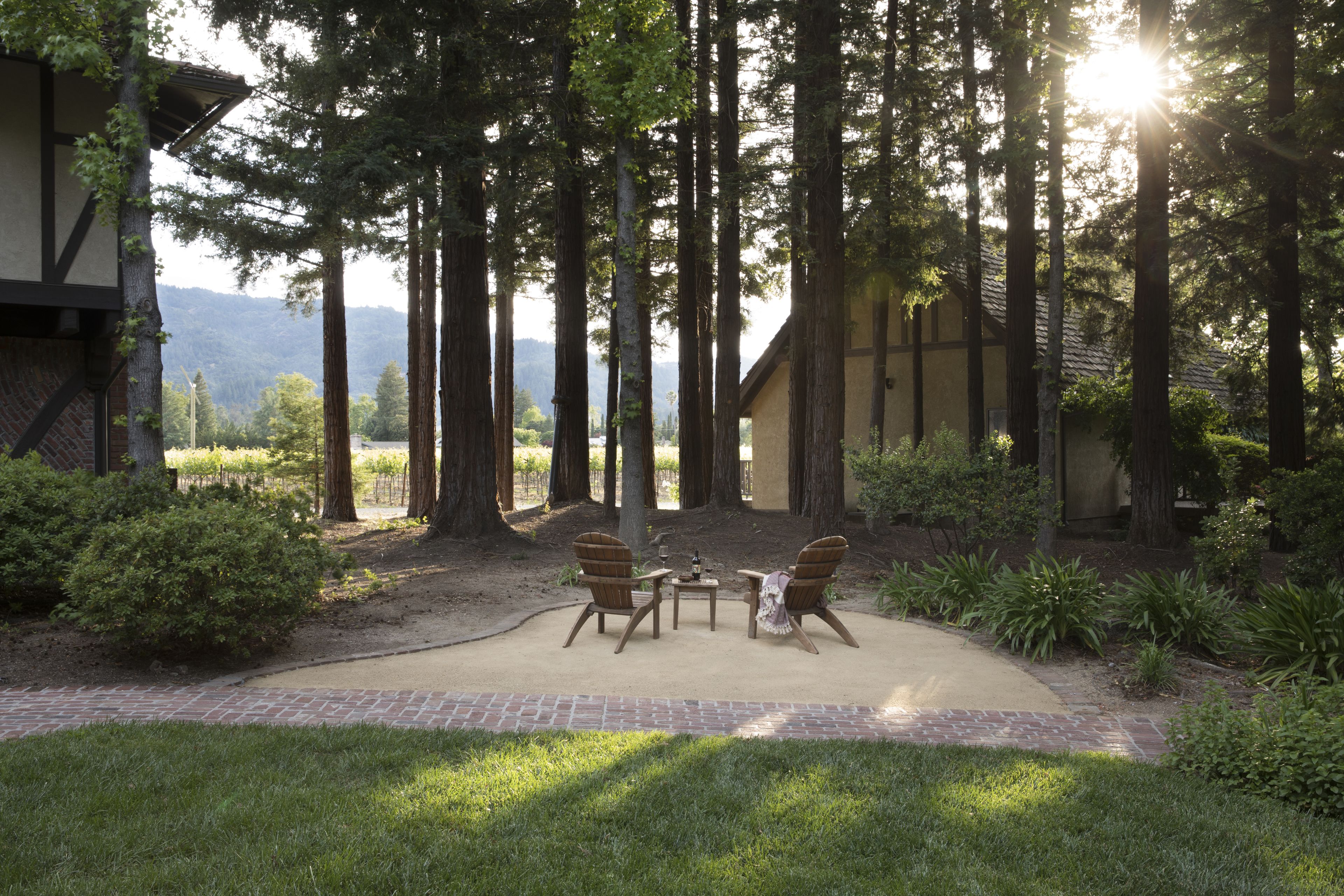 A patio with two wicker chairs and a table, surrounded by a garden with various plants and trees, and a view of mountains in the background.