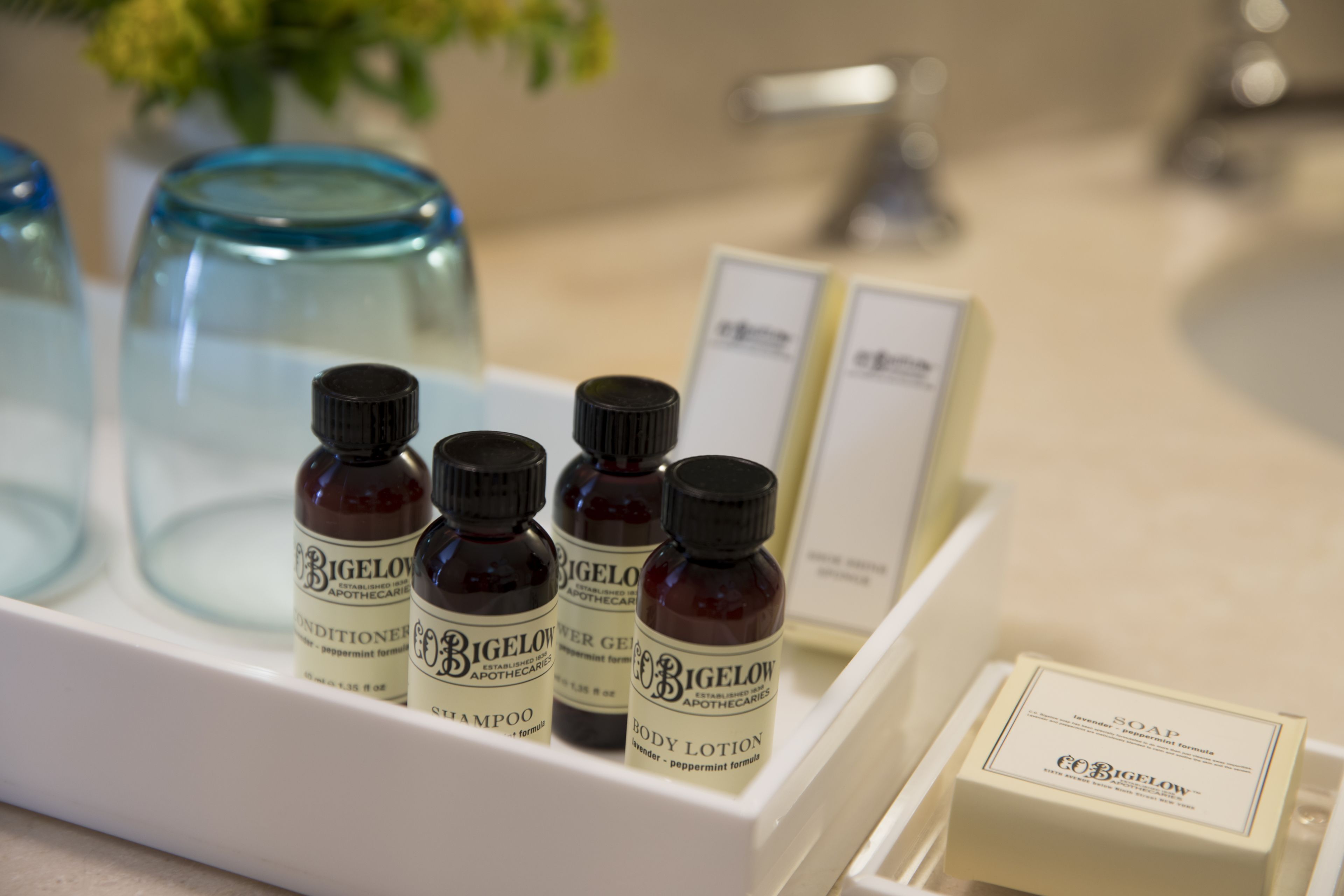 designer toiletries, hair dryer, bathrobes, slippers