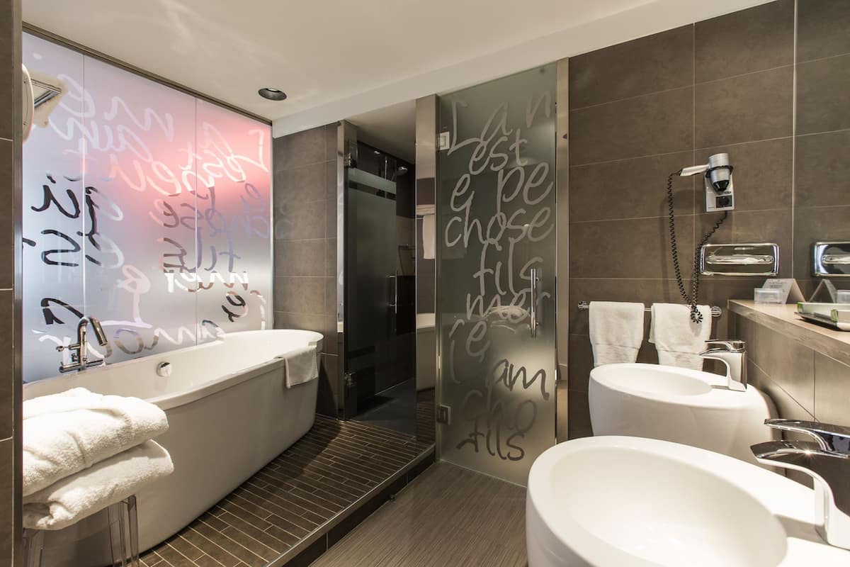 superior double room single use, city view | bathroom | free toiletries, hair dryer, bidet, towels