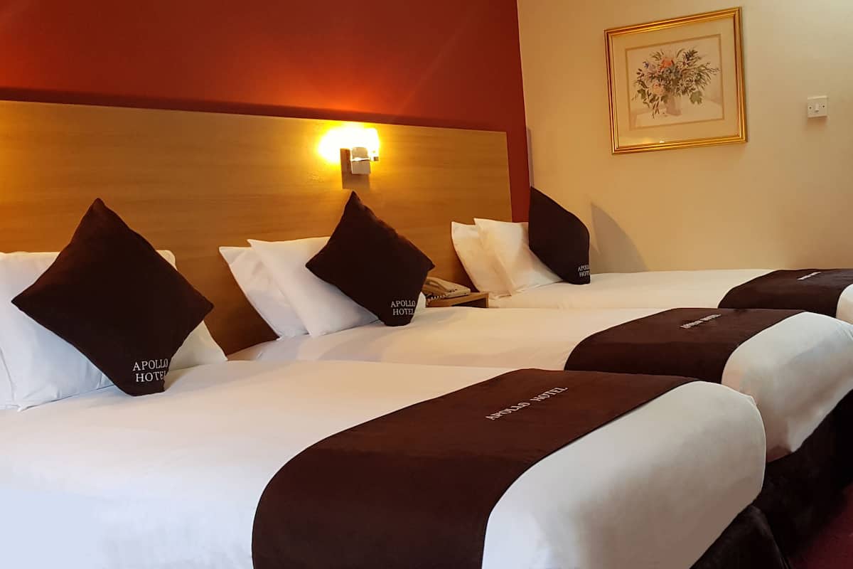 A hotel room with three beds, each with a brown headboard and white bedding. There is a framed picture on the wall and a window with curtains.