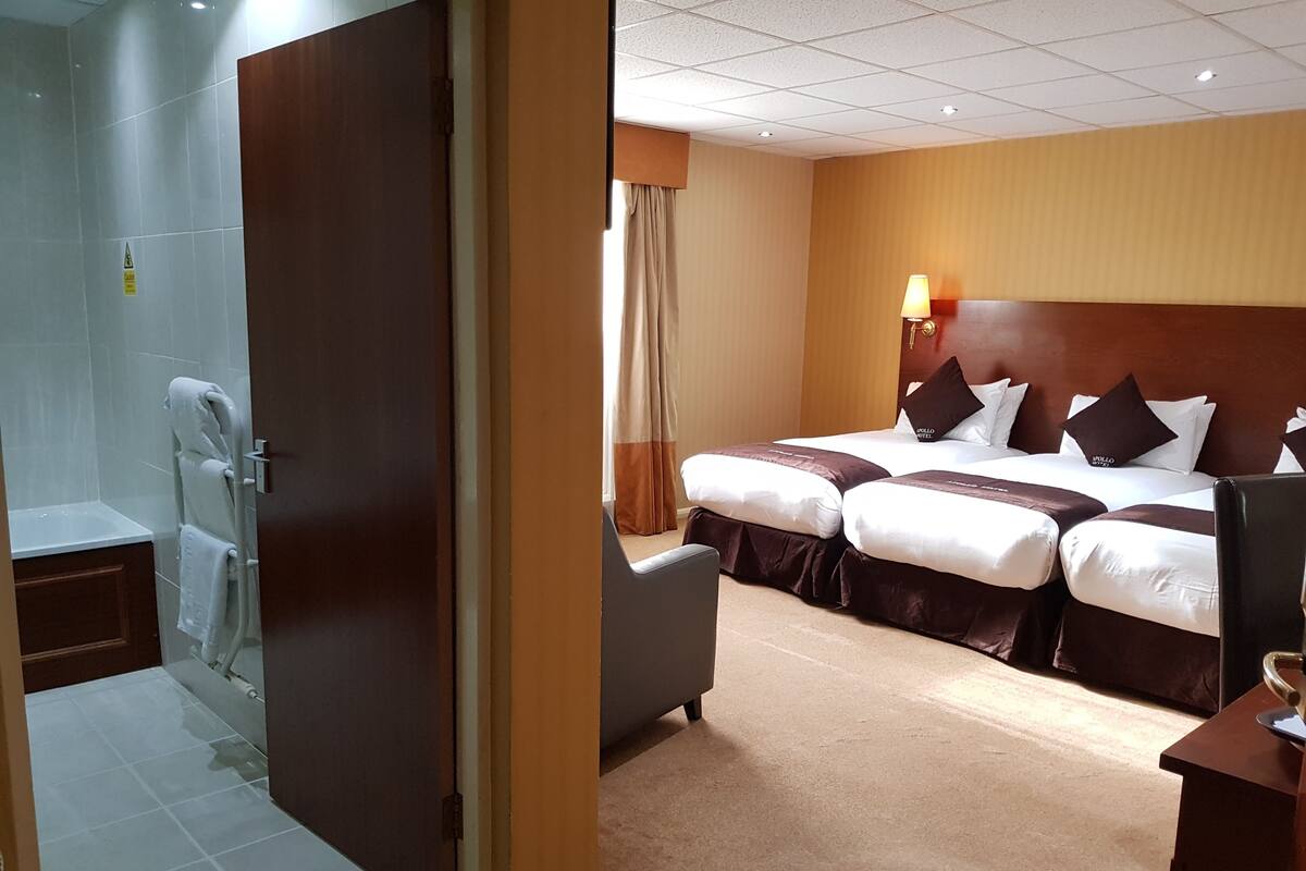 A hotel room with a large bed, a desk, a chair, and a shower area.