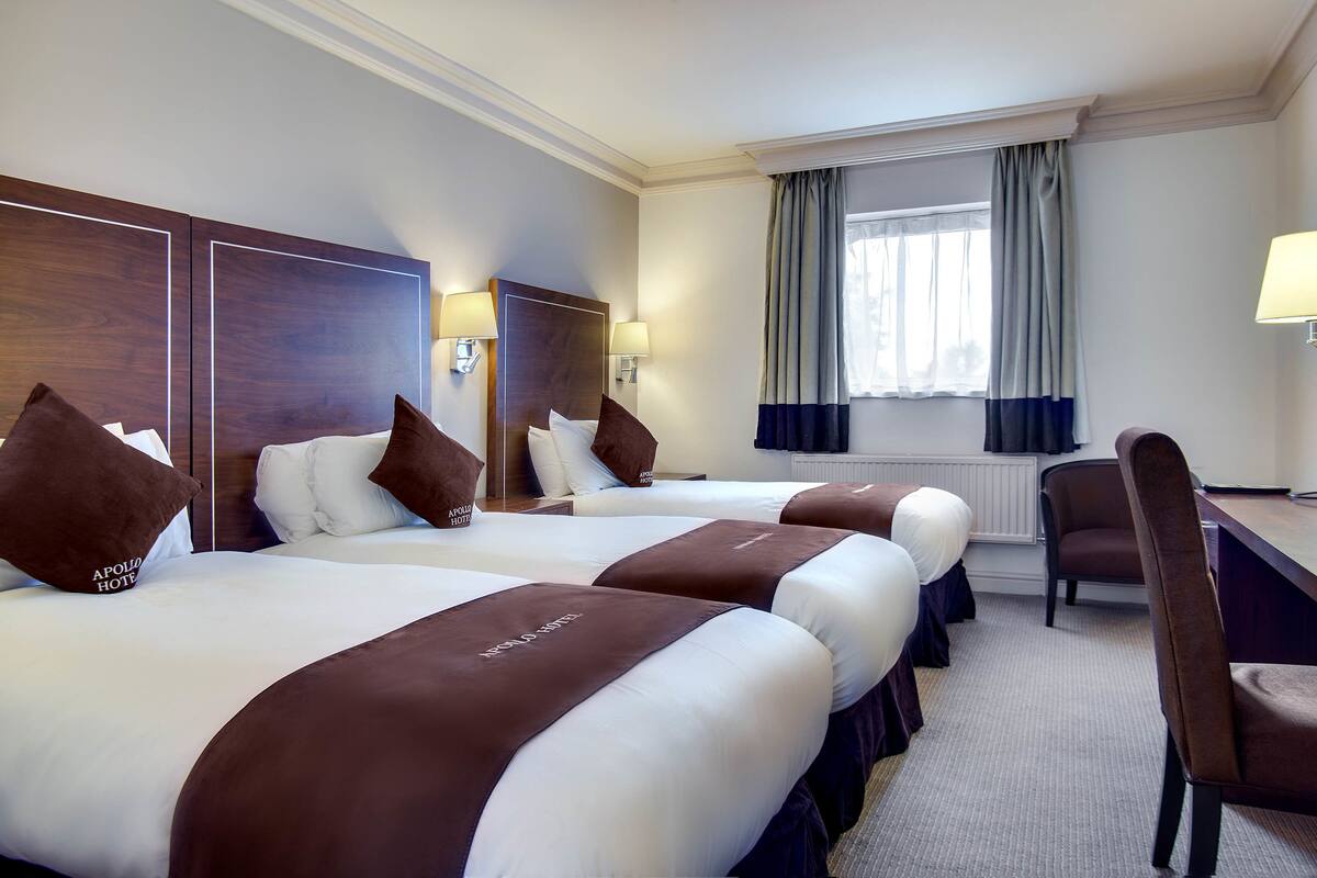 A hotel room with three beds, a desk, and a chair.