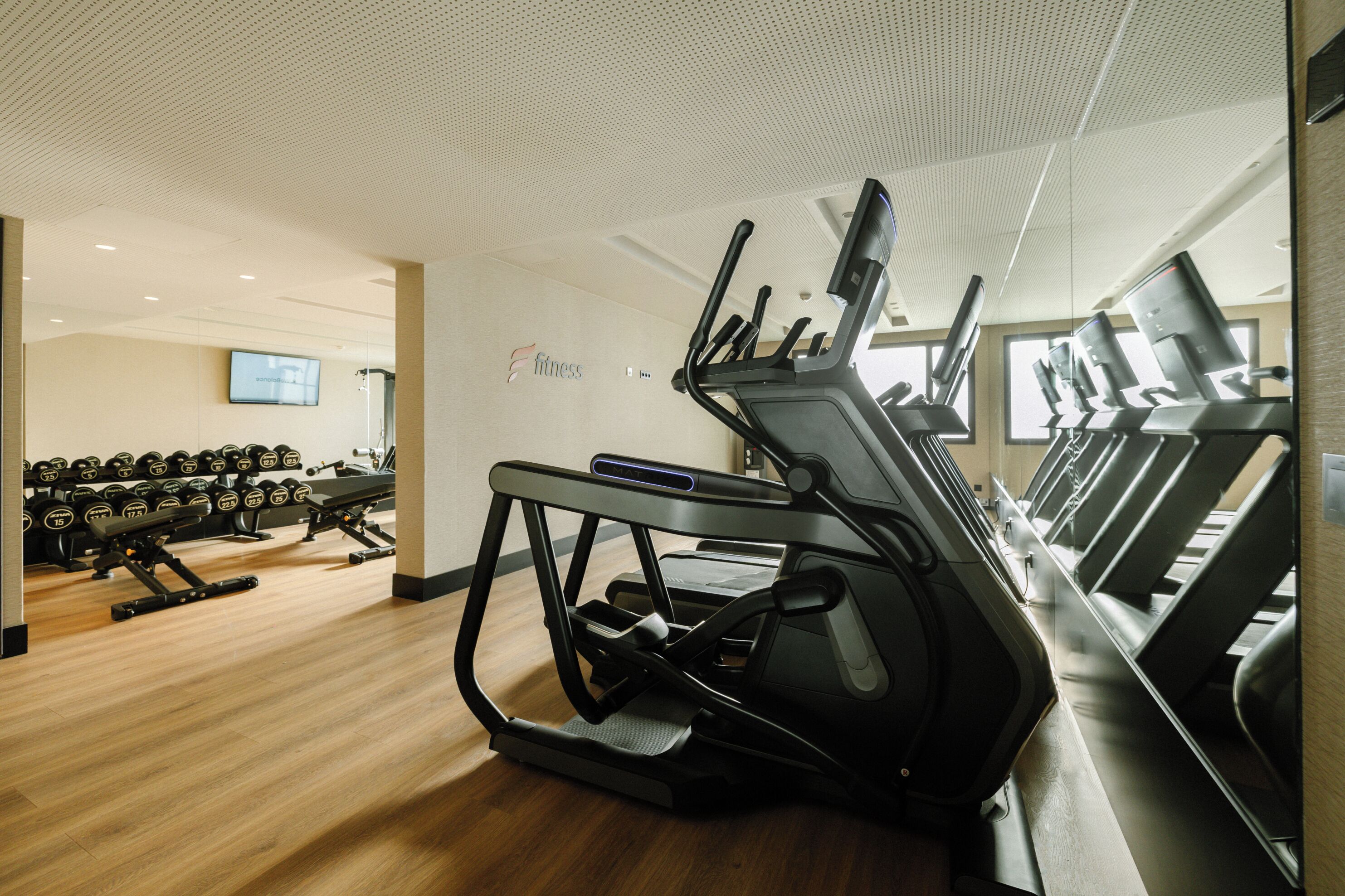 A gym with treadmills, dumbbells, and a TV screen.