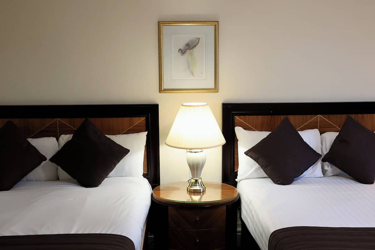 Habitación de hotel con dos camas, una mesita de noche con lámpara y un cuadro en la pared.