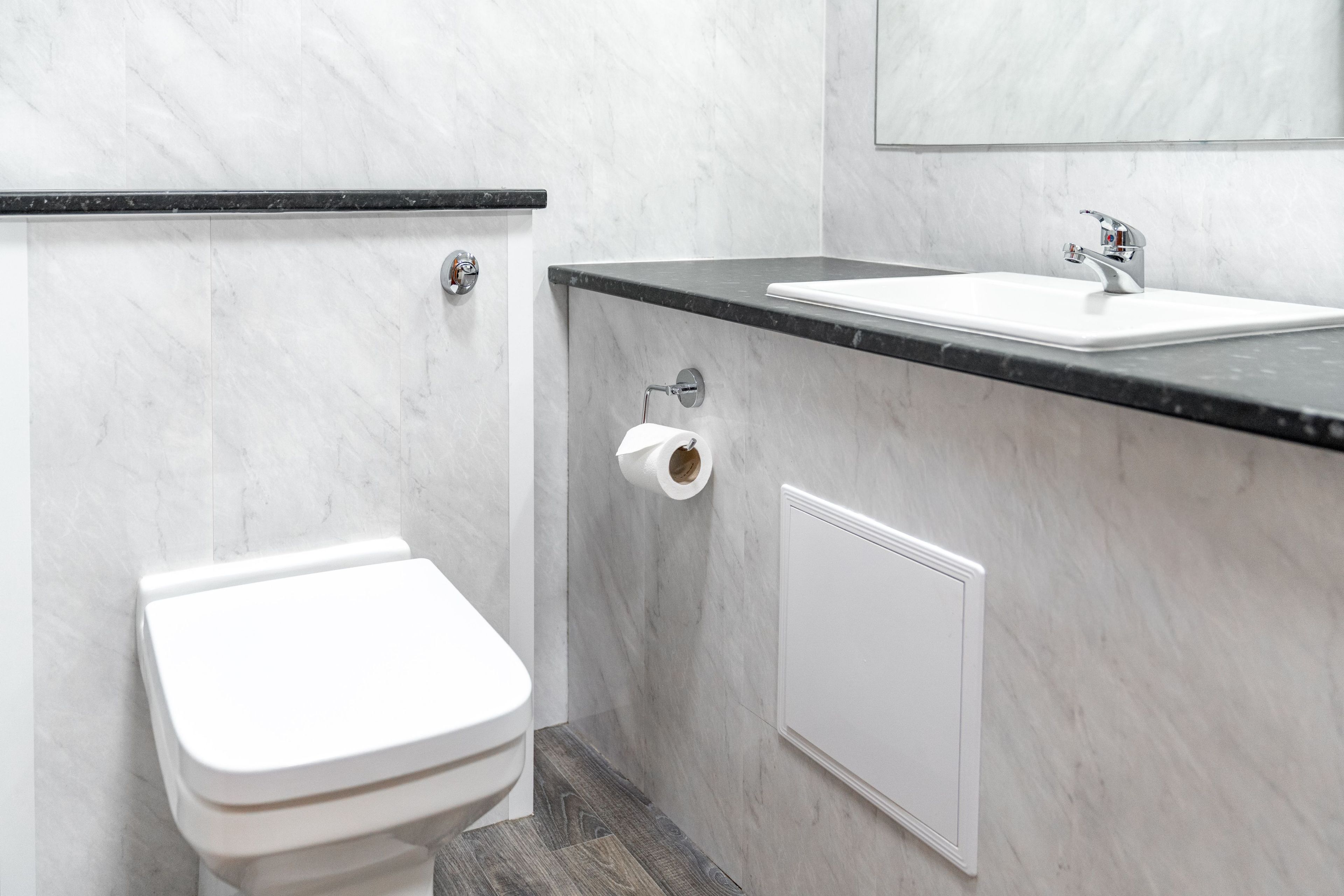 A bathroom with a white toilet, a sink, and a mirror.
