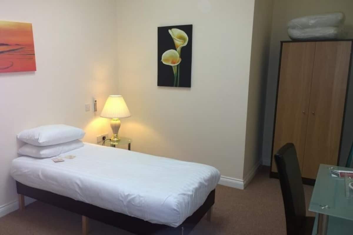 Un dormitorio pequeño y ordenado con una cama individual, una mesita de noche con lámpara, un armario y dos cuadros colgados en la pared.