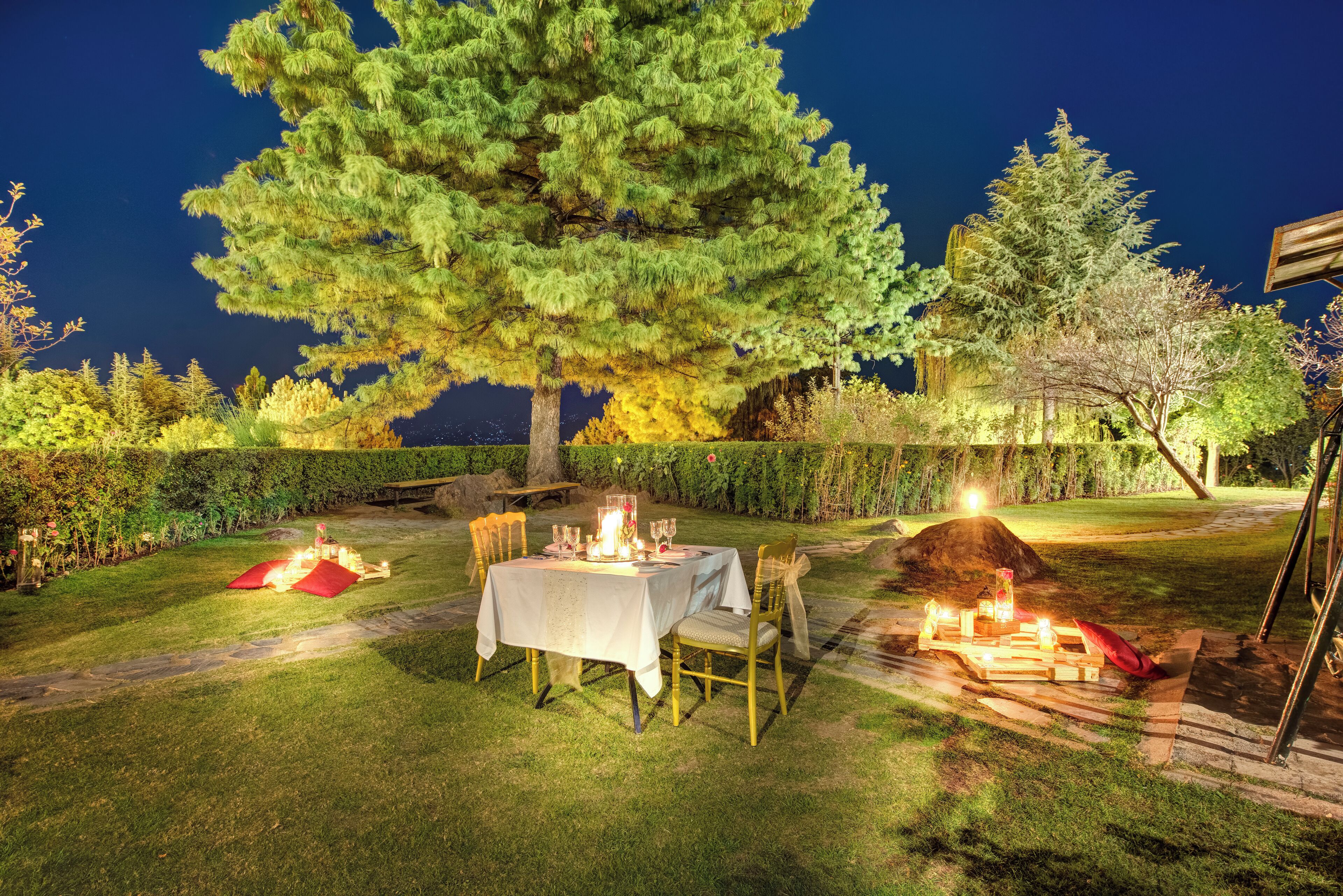 Un área de comedor al aire libre con una mesa lista para dos personas, rodeada de follaje y un árbol grande.