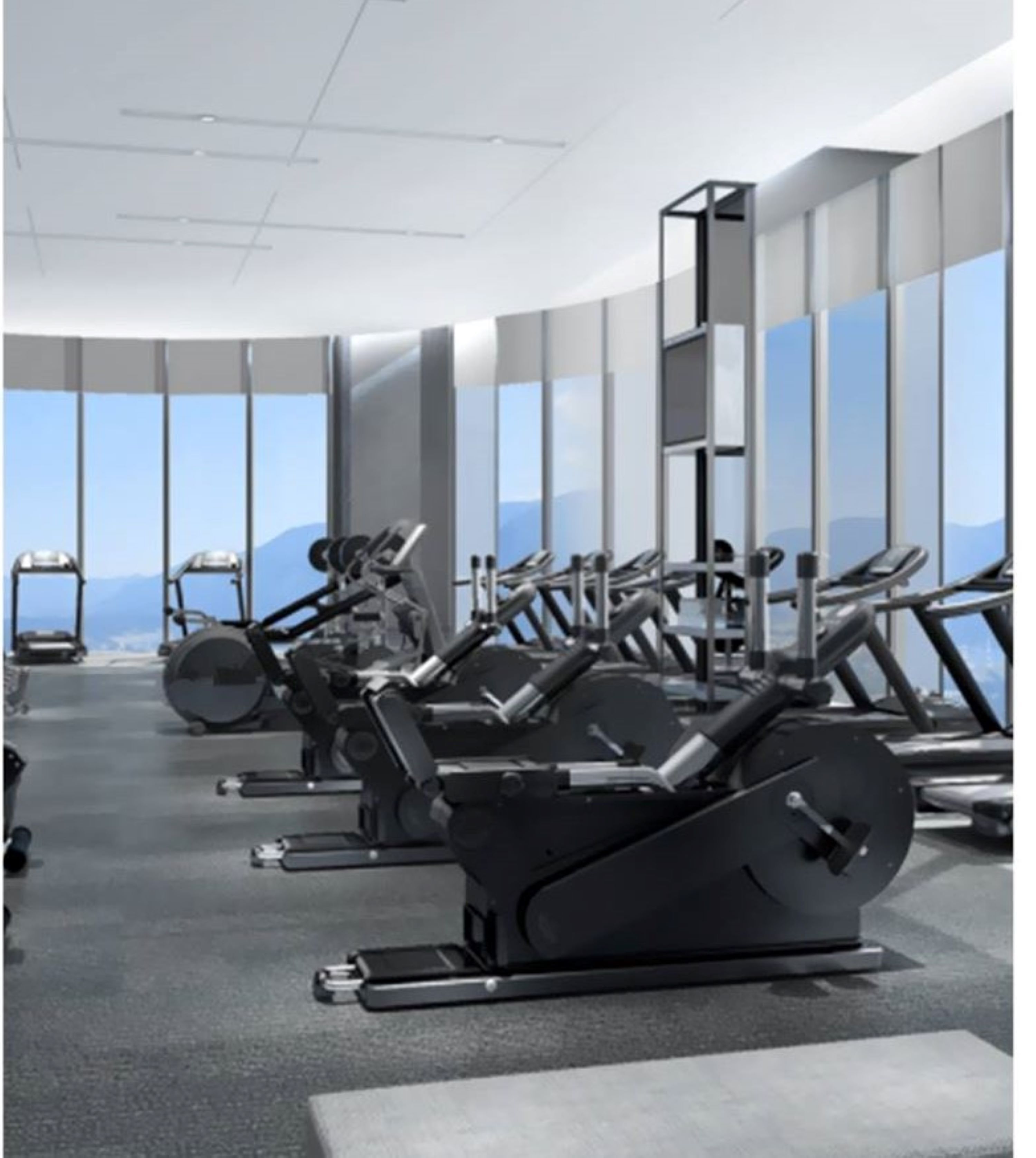A modern gym with various exercise equipment, large windows, and a view of the mountains.