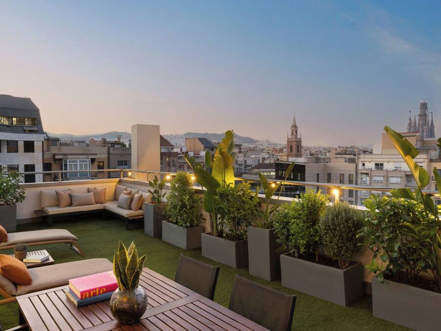 Una terraza en la azotea con mesa de madera, sillones de descanso y plantas en macetas.