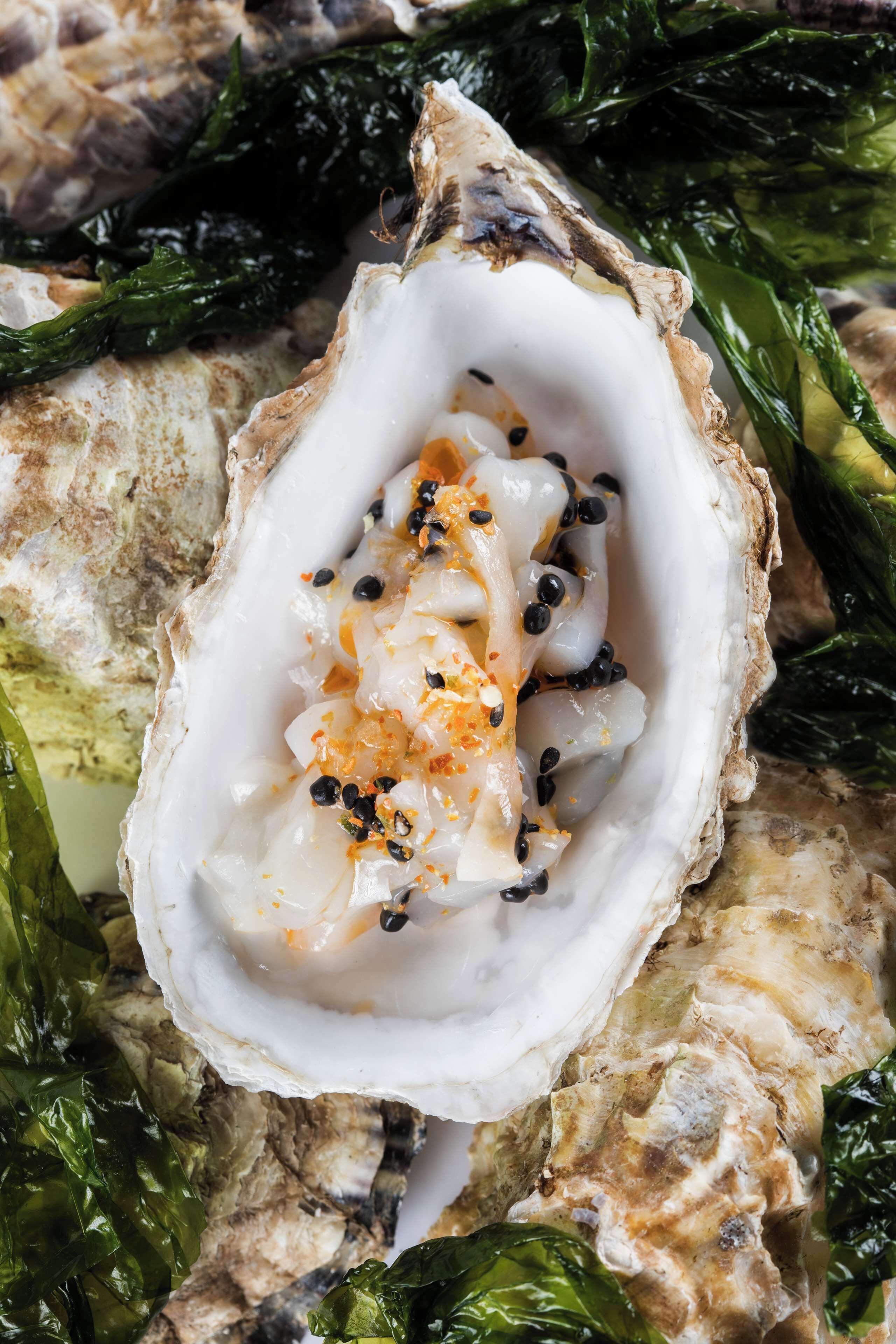 An oyster with a creamy sauce and black peppercorns on a bed of greens.