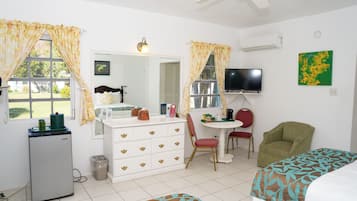 A room with a bed, a desk, a chair, a television, and a refrigerator.