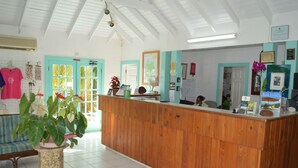A reception area with a wooden counter, a potted plant, and a blue door.