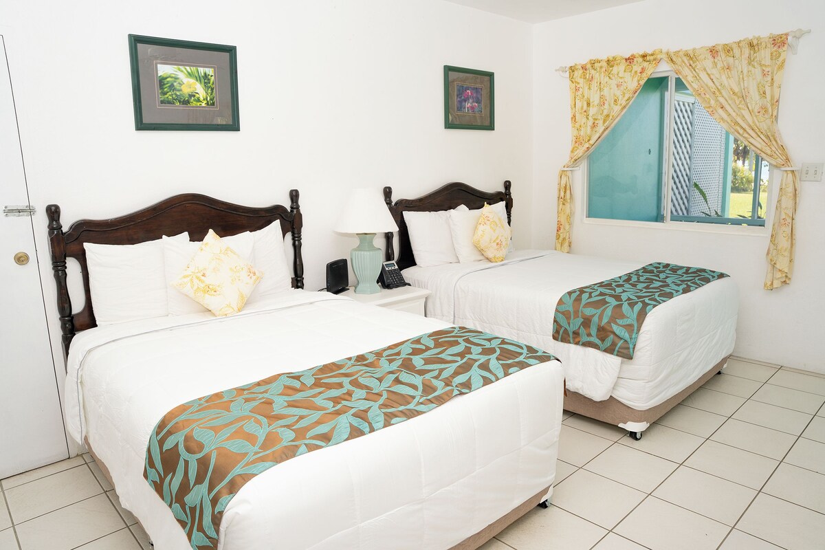 A hotel room with two beds, a window with curtains, and a door.