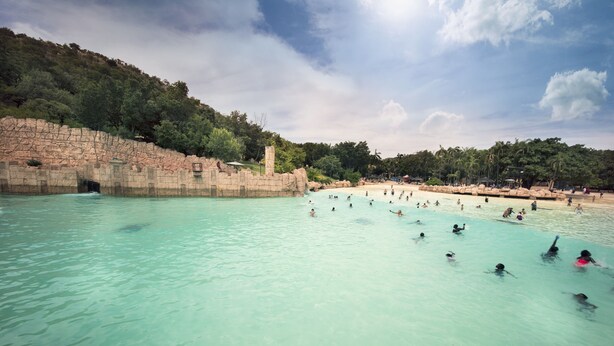 A large outdoor swimming pool surrounded by a rocky cliff and trees. - Sun City Hotel and Casino (Moses Kotane)
