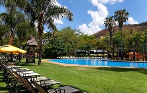 Outdoor pool, pool umbrellas, sun loungers