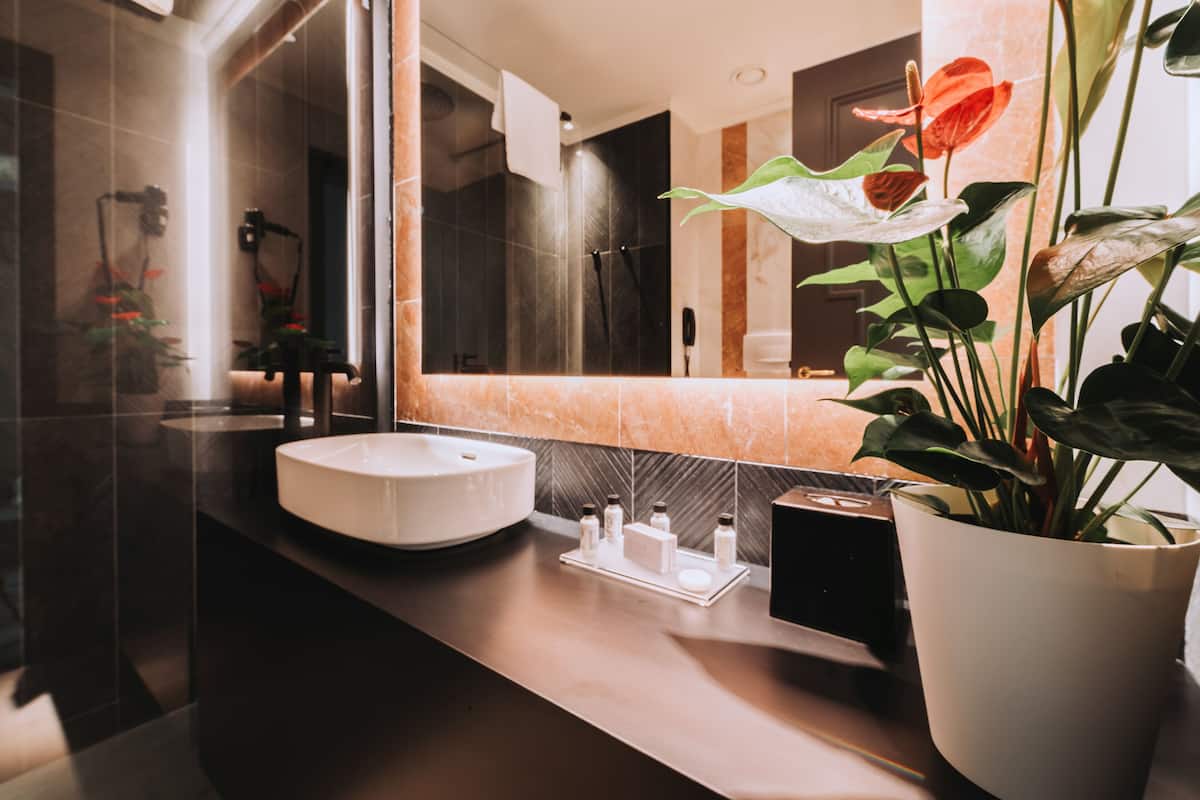 free toiletries, hair dryer, bidet, towels