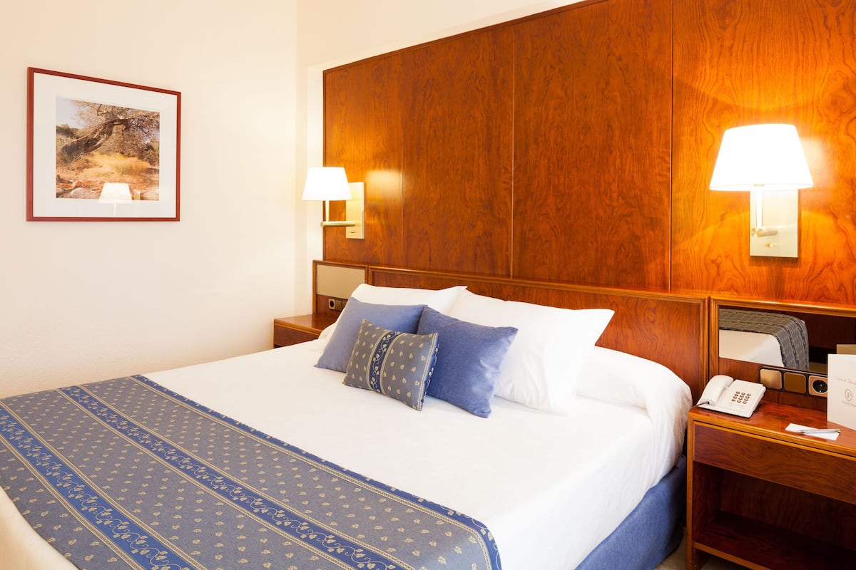 Een hotelkamer met een groot bed, twee bedlampen, een houten hoofdeinde, een ingelijst kunstwerk aan de muur, en een telefoon op het nachtkastje.