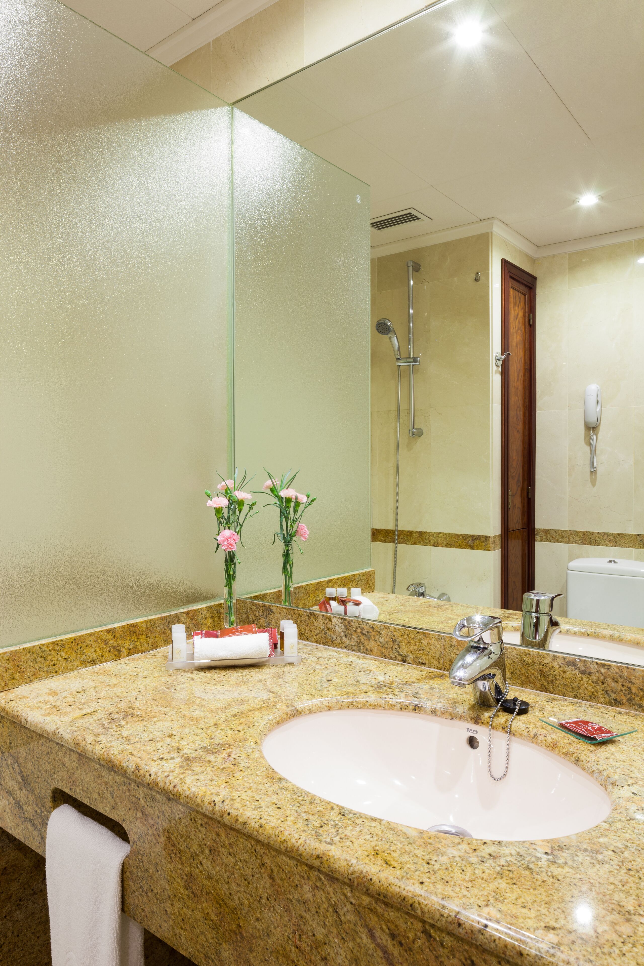 A bathroom with a granite countertop, a sink, a mirror, a shower, and a toilet.