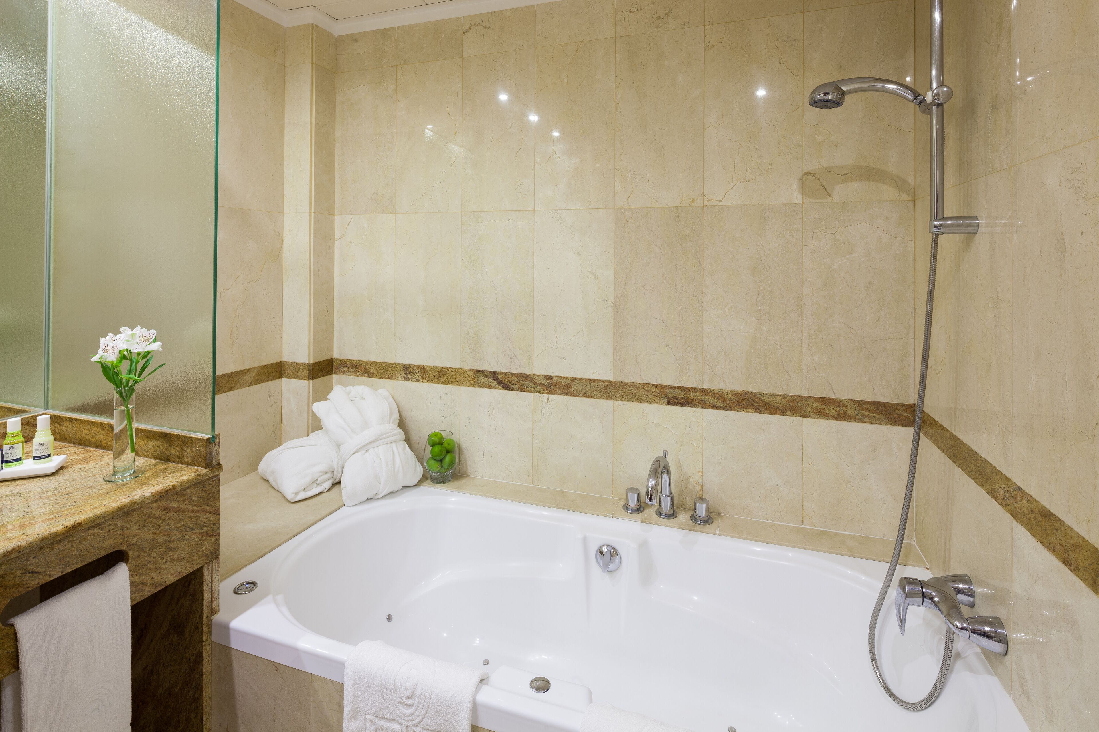 combined shower/bathtub, deep-soaking bathtub, free toiletries