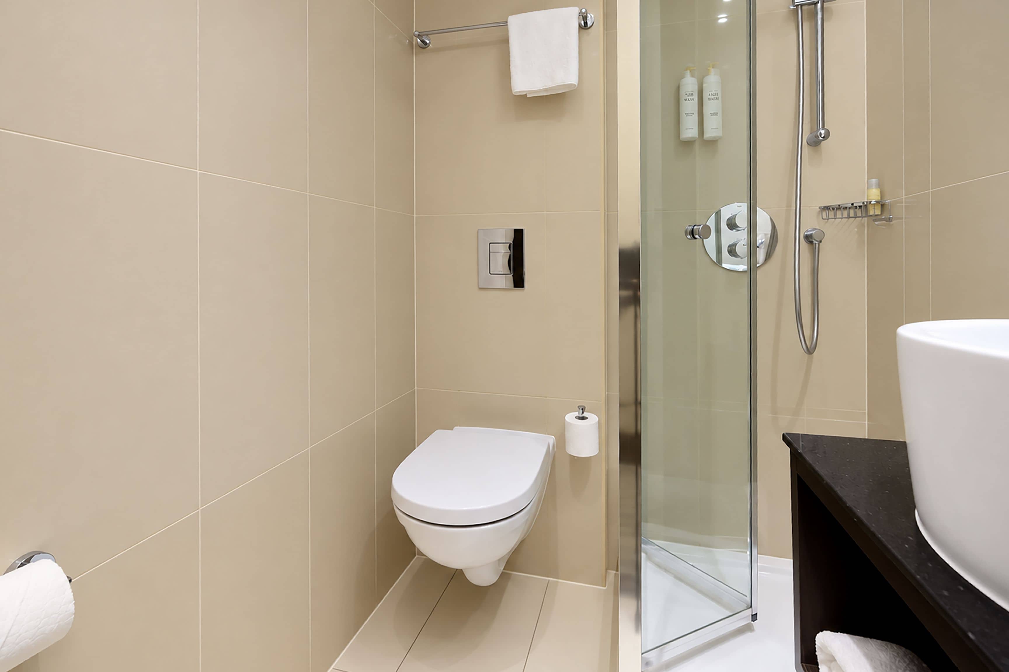 A modern bathroom with a toilet, a glass shower enclosure, and a sink.