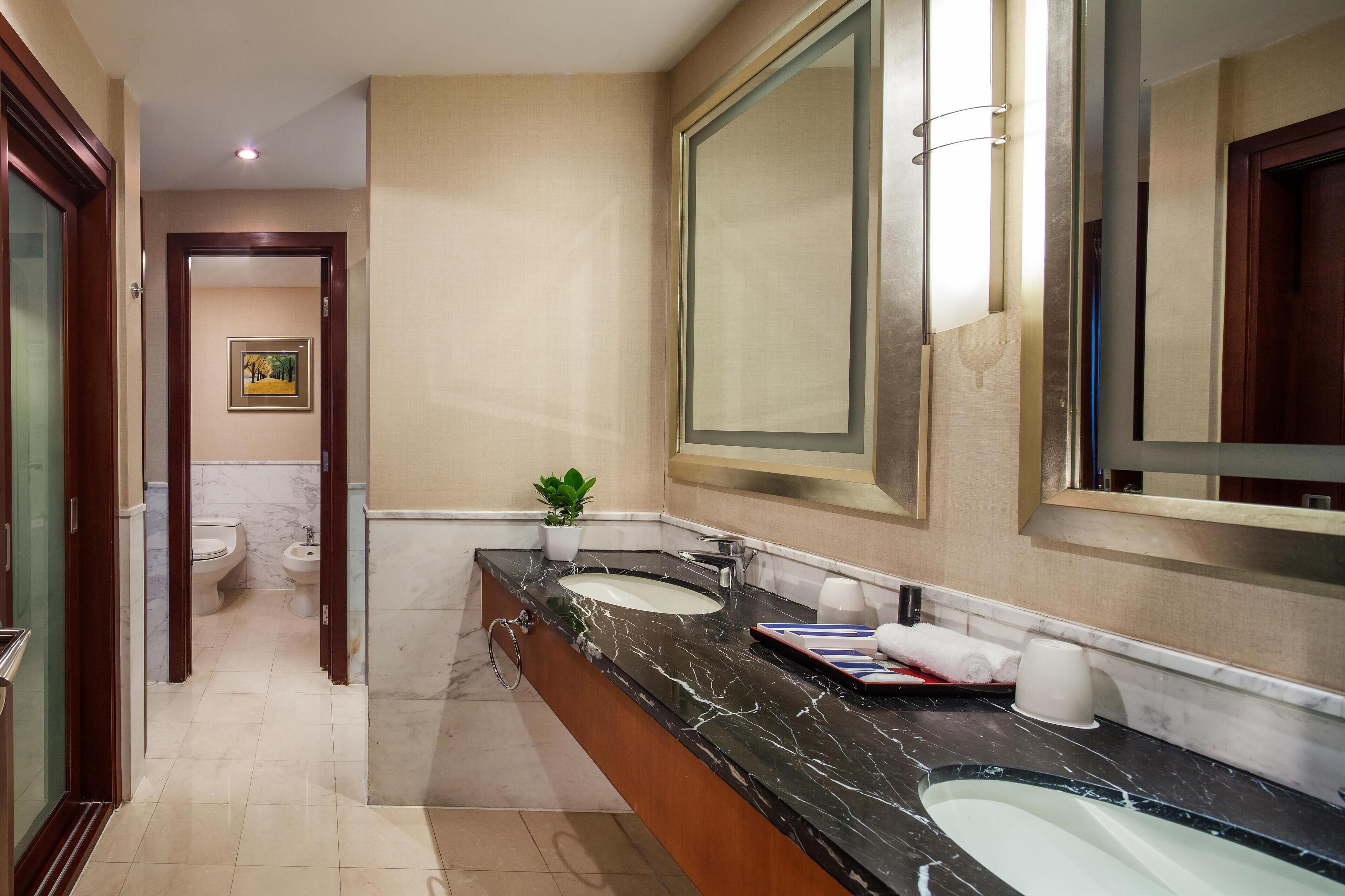 A hotel bathroom with two sinks, a large mirror, and a potted plant.