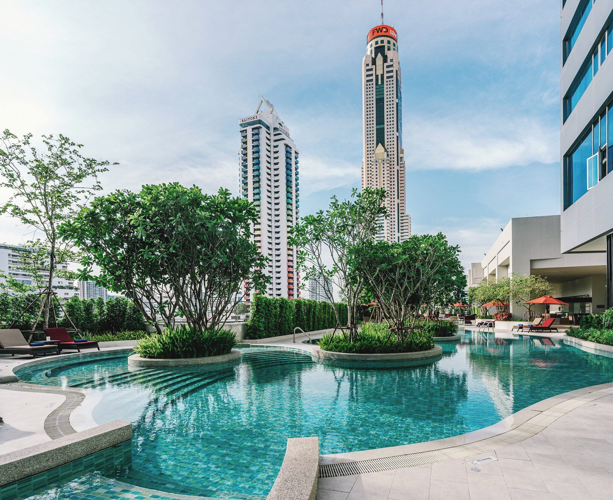 A swimming pool with a curved design, surrounded by greenery and lounge chairs.