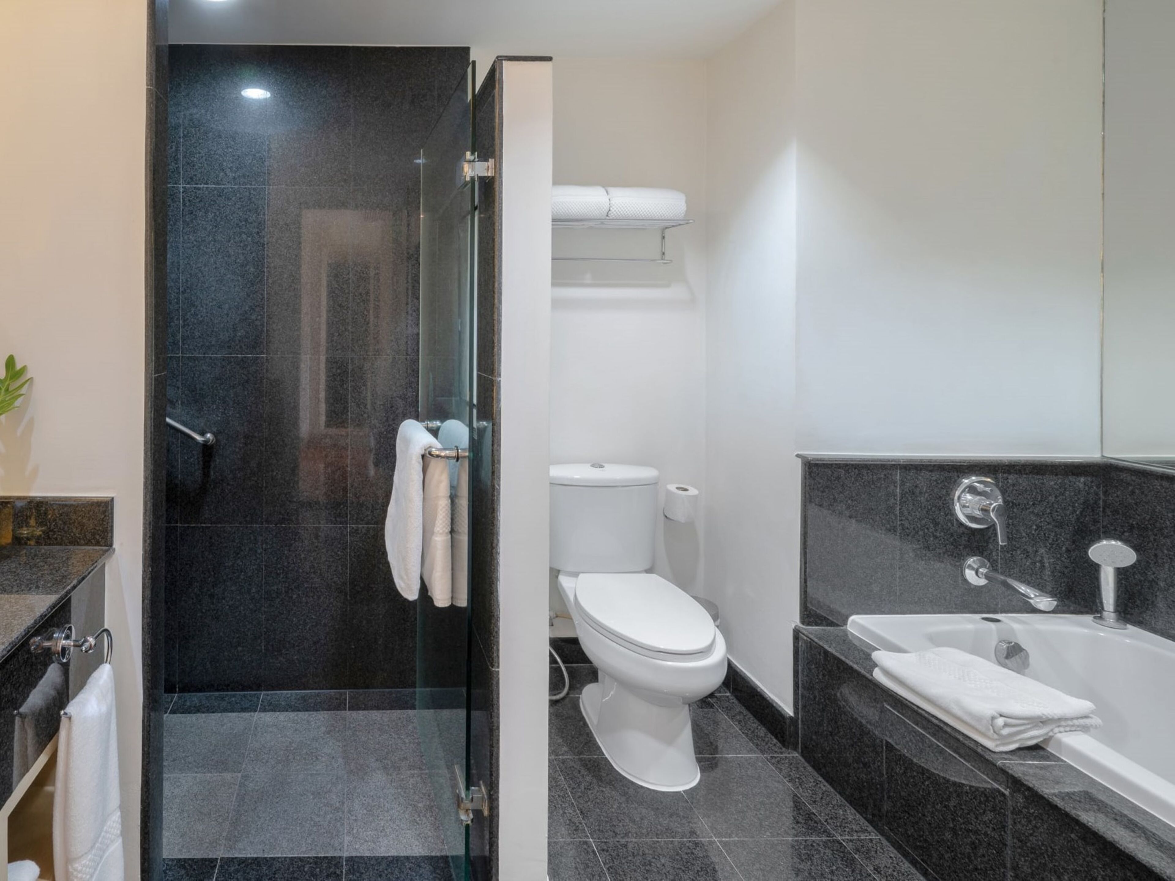 Un baño moderno con ducha de vidrio, inodoro y bañera.